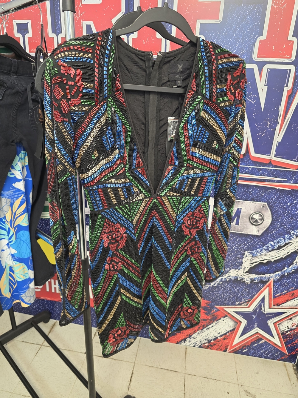 NBD Black Multicolor Beaded V-Neck Blazer Jacket